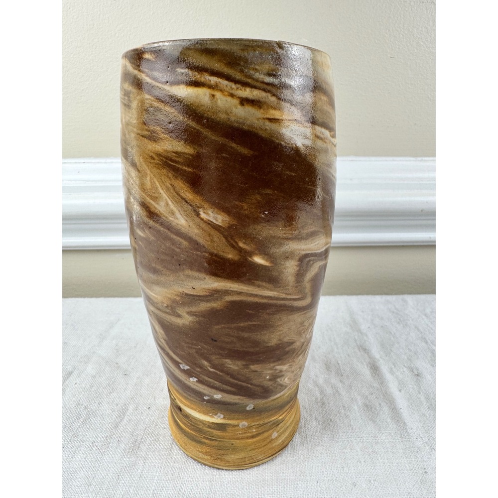 Hand Thrown Studio Pottery Marbled Agateware Vase Brown Tan Signed 6.75"
